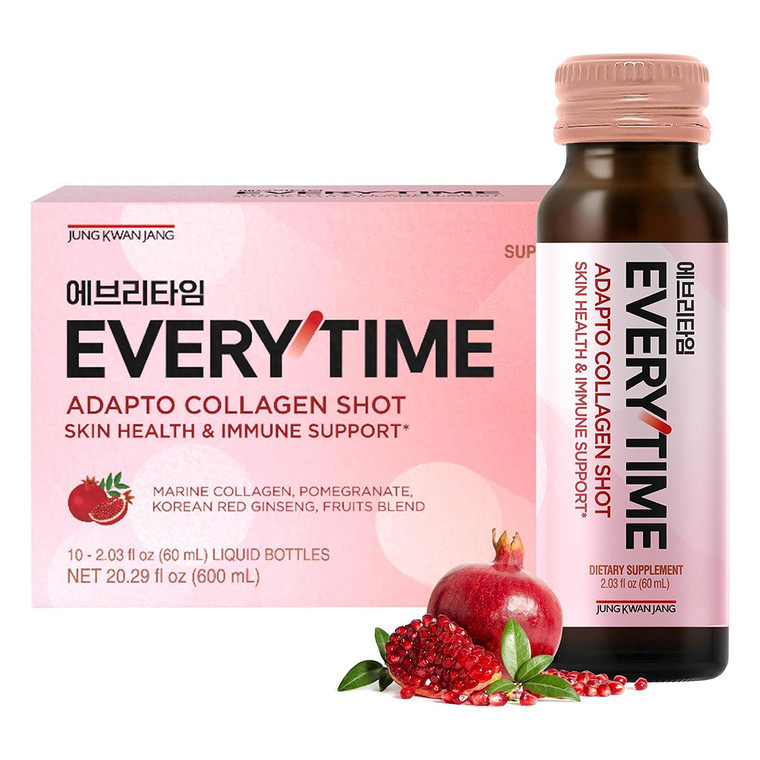Jung Kwan Jang Everytime Adapto Collagen Shot Pomegranate Fruit Blend Support Skin and Immune Health 2.03Oz (60ml), 10Ea