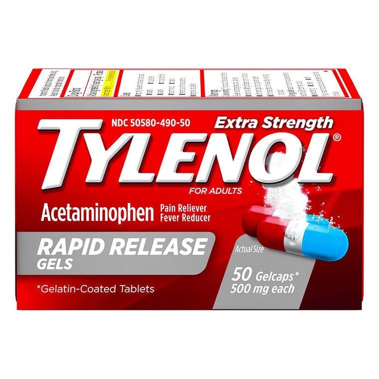 Tylenol Extra Strength 500 mg Acetaminophen Rapid Release Gels for Pain and Fever Relief 50Ea