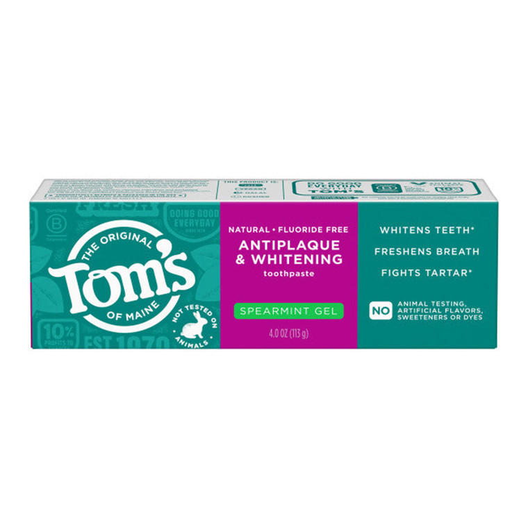 Toms Antiplaque and Whitening Toothpaste Spearmint Gel Freshens Breath ad Fights Tartar 4Oz (113g)