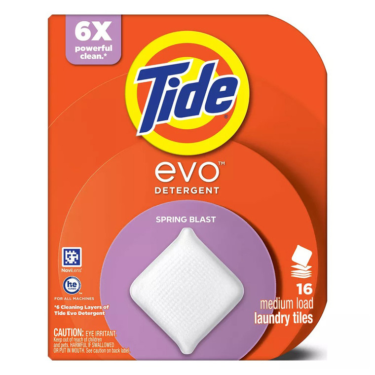 Tide Evo Laundry Detergent Tiles Concentrated Odor Control Spring Blast 16Ea