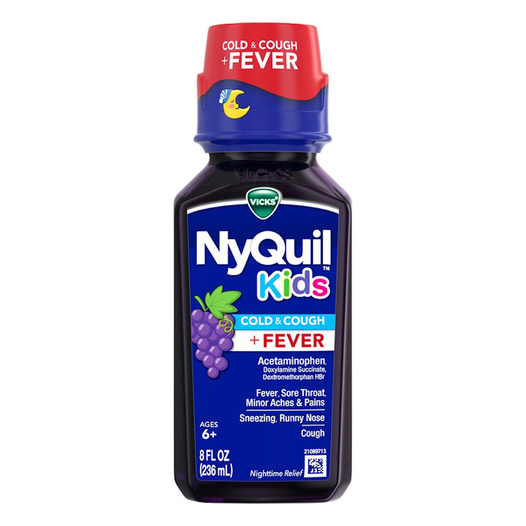 Vicks NyQuil Kids Cold Cough and Fever Multi Symptom Relief Liquid Grape Flavor 8Oz (236ml)