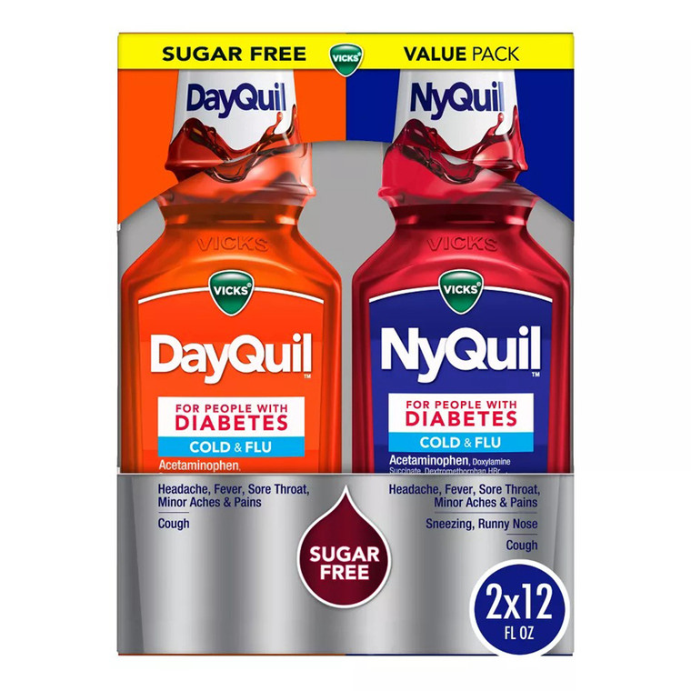Vicks DayQuil and NyQuil Sugar Free Cold and Flu Relief Liquid 12Oz (354ml) 2Ea