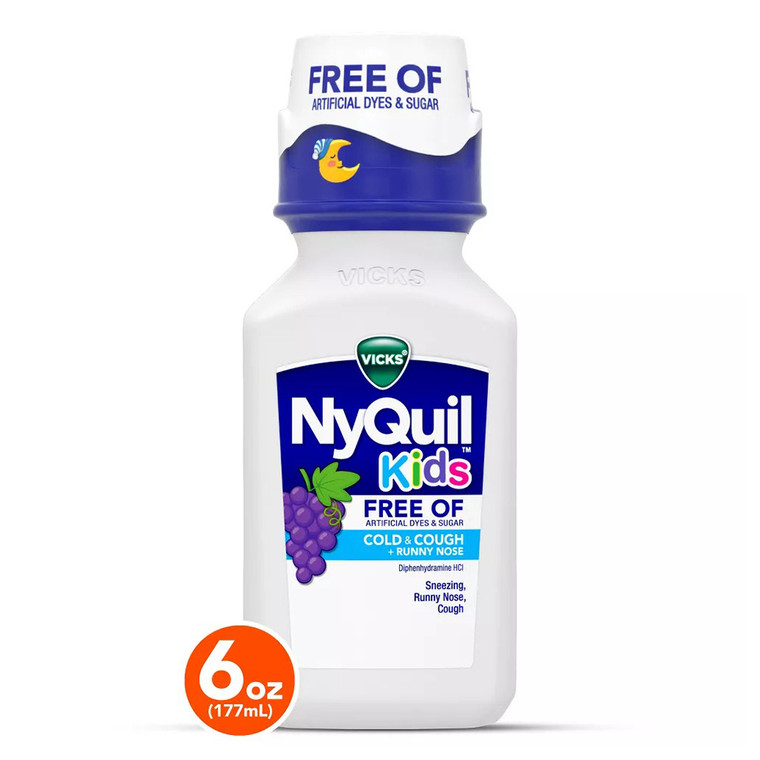 Vicks NyQuil Kids Free of Cold Cough and Runny Nose Relief Liquid Grape Flavor 6Oz (177ml)