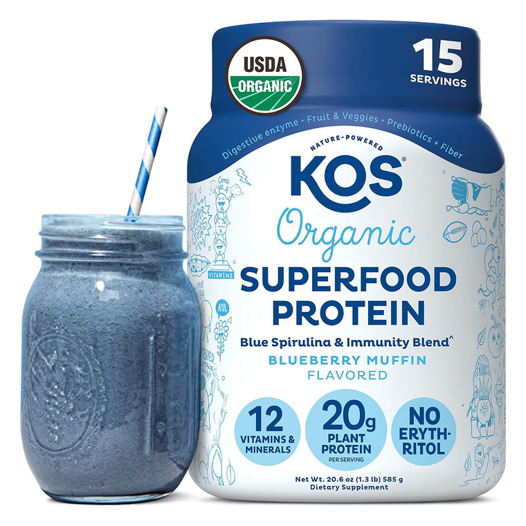 KOS Organic Superfood Protein Spirulina and Immune Blend Blueberry Muffin Flavored Support Immune Health 20.6Oz (585g)