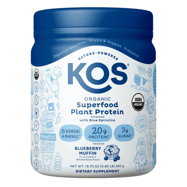 KOS Organic Superfood Plant Protein Powder with Spirulina Blueberry Muffin Flavored Boost Energy 13.75Oz (390g)