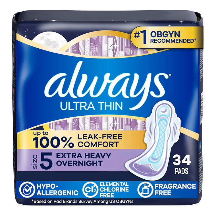 Always Ultra Thin Feminine Pads with Wings for Women Extra Heavy Overnight Absorbency Size 5 Unscented 34Ea, Pack of 6