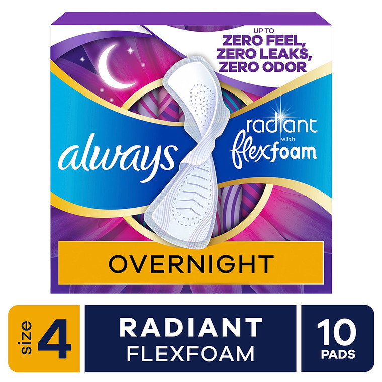 Always Radiant Flexfoam Pads with Wings Size 4 Overnight Absorbency 10Ea
