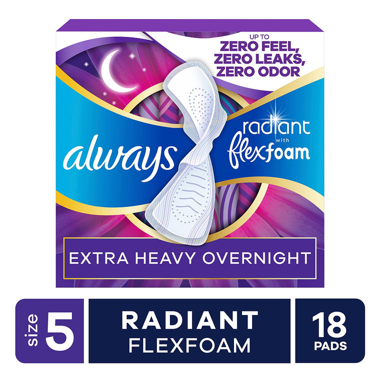 Always Size 5 Radiant FlexFoam Pads with Wings Extra Heavy Overnight Absorbency 18Ea, Pack of 3