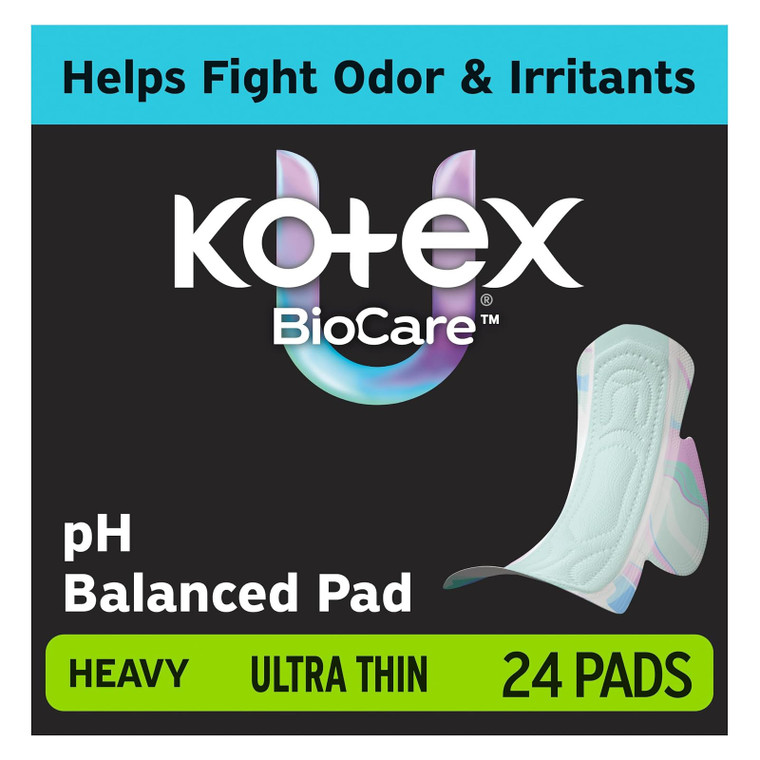 Kotex BioCare Ultra Thin Heavy Absorbency pH Balanced Pads with Wings 24Ea