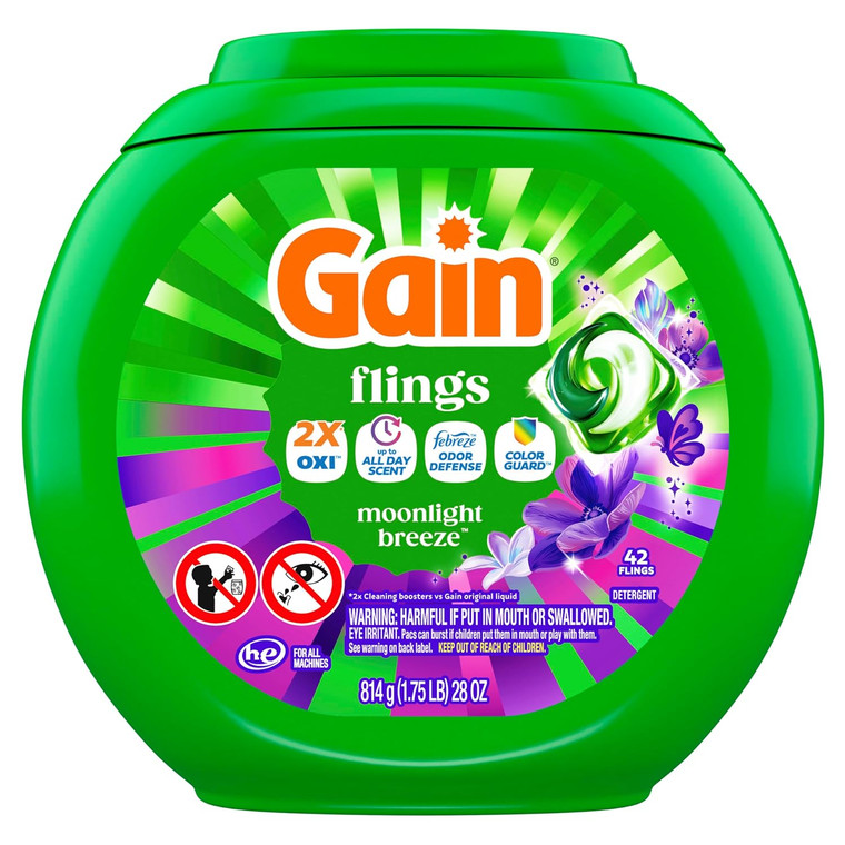 Gain Detergent Flings 2X OXI Odor Defense Moonlight Breeze 28Oz (814g)