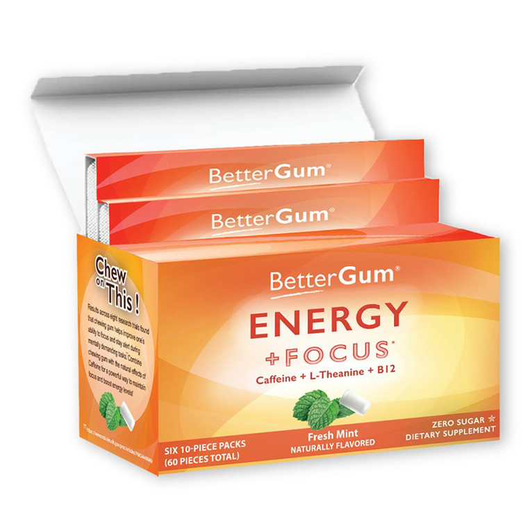 BetterGum Energy Plus Focus Gum with Caffeine LTheanine and Vitamin B12 Fresh Mint Flavored Sugar Free 6Ea, Pack of 10