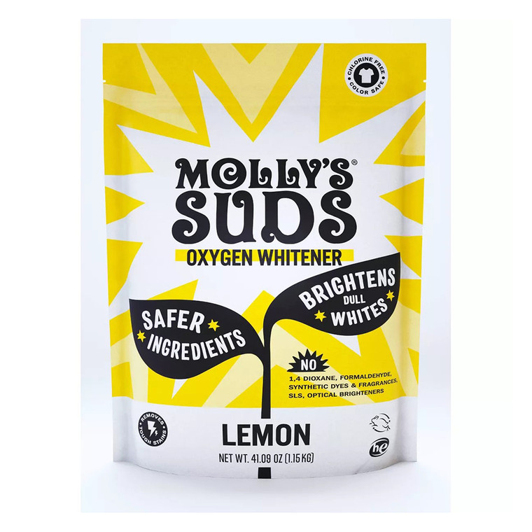 Mollys Suds Oxygen Whitener Powerful Bleach Alternative Lemon Scented Brightens Whites and Removes Stains 41.09Oz