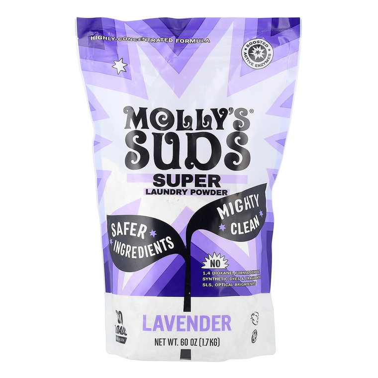 Mollys Suds Super Laundry Powder Plant Based Enzyme Blend Lavender Scent Deep Clean Naturally 60Oz