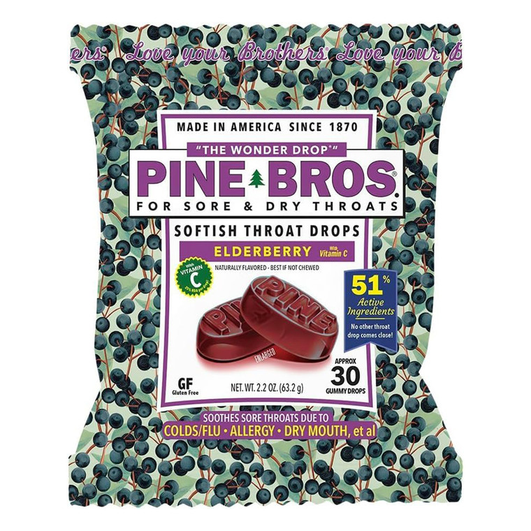 Pine Bros Sore and Dry Softish Throat Drops Elderberry Flavor Support Cold Cough and Congestion Relief 30Ea
