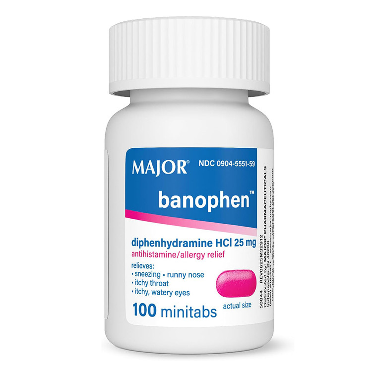 Major Banophen Diphenhydramine HCl 25 mg Minitabs for Allergy Symptom Relief 100Ea