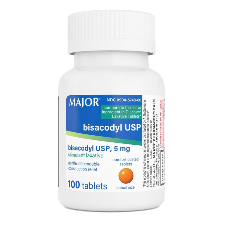 Major Bisacodyl USP Stimulant Laxative 5 mg Tablets for Occasional Constipation Relief 100Ea