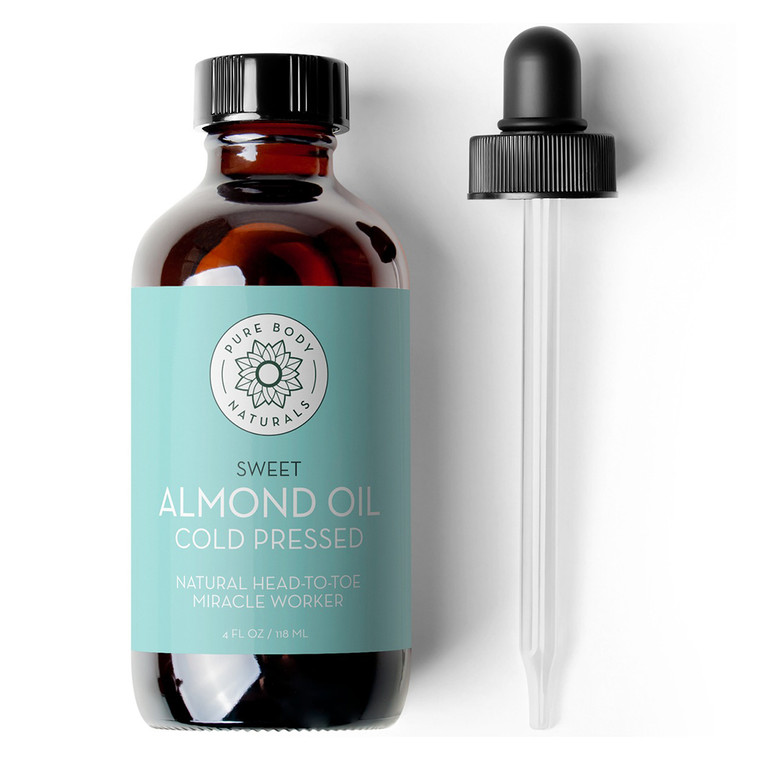 Pure Body Naturals Sweet Almond Oil Cold Pressed Head to Toe Facial Moisturizer and Hair Growth 4Oz (118ml)