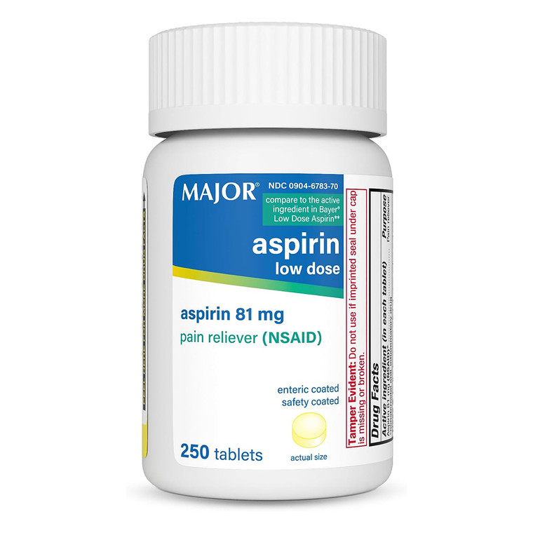 Major Low Dose Aspirin 81 mg Enteric Coated Tablets for Pain Relief 250Ea