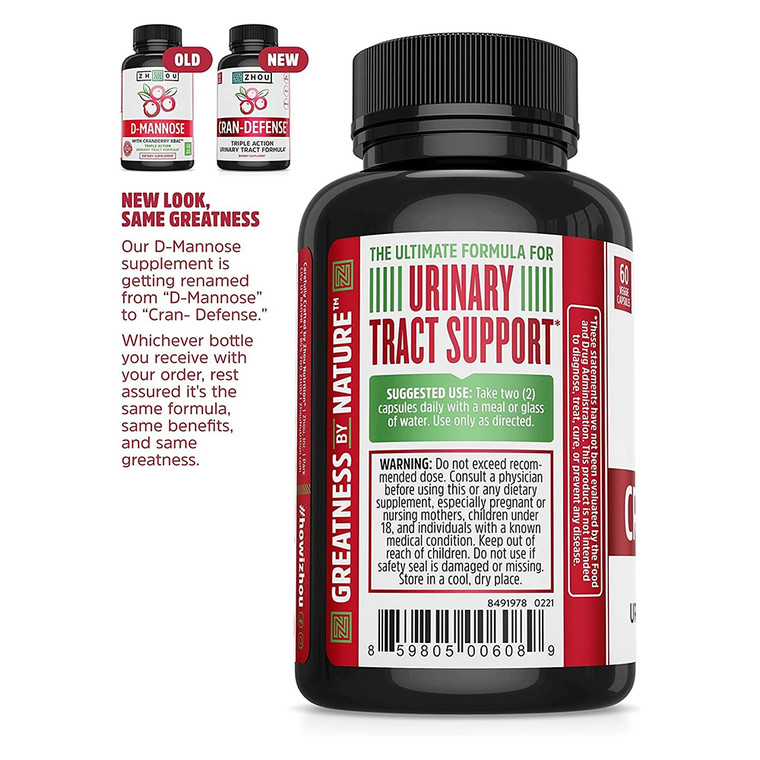 Zhou Nutrition Cran Defense D Mannose with Cranberry Triple Action Formula Veg Capsules Support Urinary Tract 60Ea