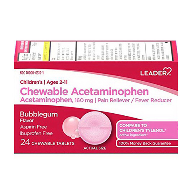 Leader Childrens Chewable Acetaminophen Tablets, Bubblegum, 24 Ea