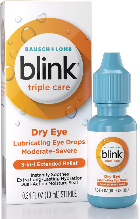 Blink Triple Care Dry Eye Lubricating Eye Drops for Dry Eye Relief 0.34Oz (10ml)