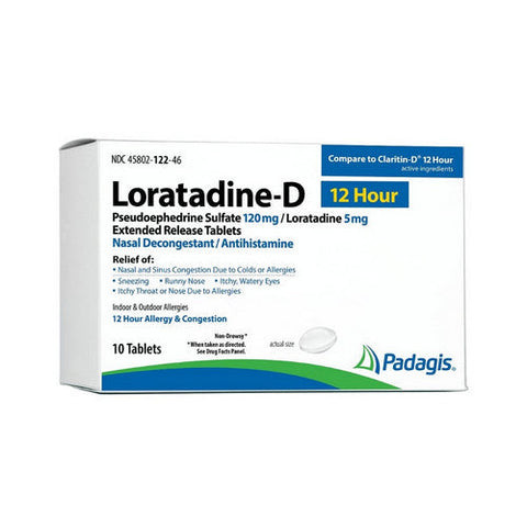 Padagis Loratadine D 5 mg Tablets for Allergy and Nasal Congestion Relief 10Ea