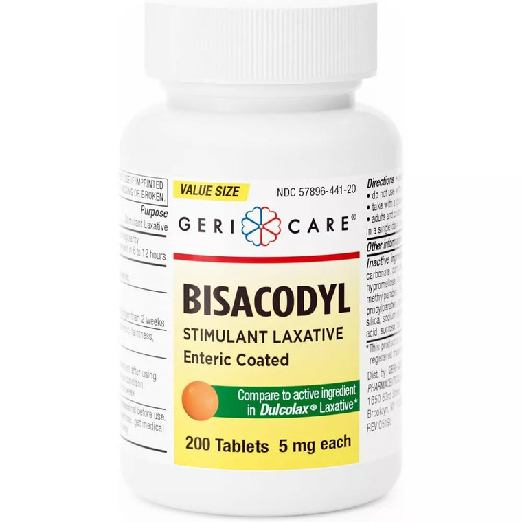 Geri Care Bisacodyl 5 mg Stimulant Laxative Enteric Coated Tablets for Occasional Constipation Relief 200Ea