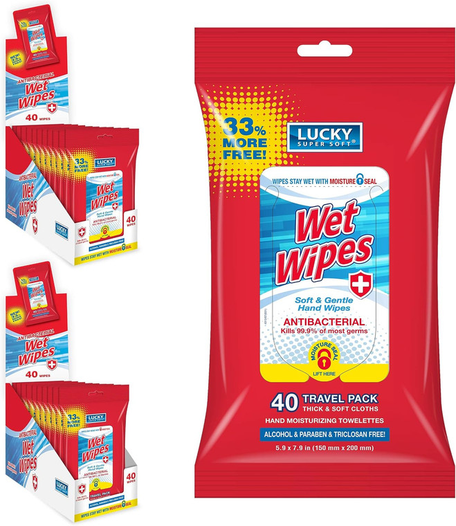 Lucky Super Soft Antibacterial Wet Wipes for Hand Cleansing 40Ea, Pack of 12