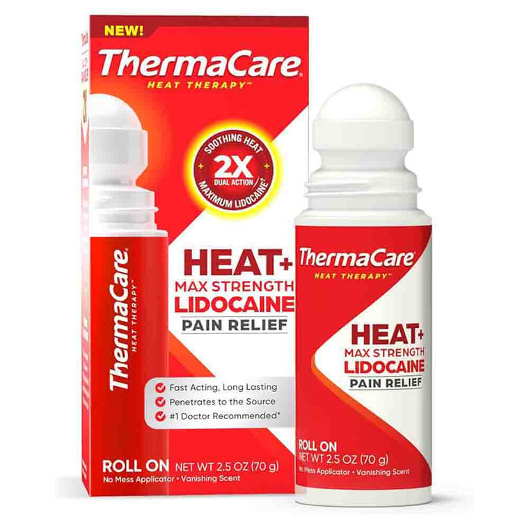 ThermaCare Heat Plus Max Strength 4 Percent Lidocaine Roll On Dual Action Pain Relief 2.5Oz (70g)