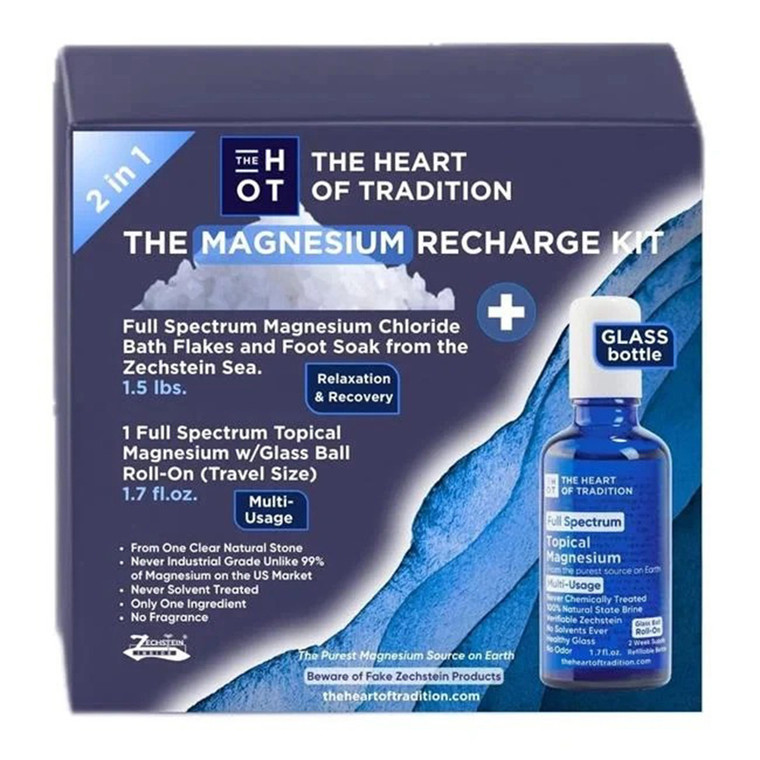 The Heart of Tradition Magnesium Recharge Kit Bath Flakes Topical Roll On 1.7Oz
