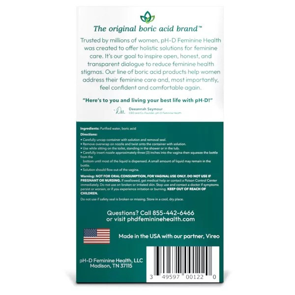 pH D Feminine Health Boric Acid with 2 Bottle and Nozzles to Cleanse and Eliminate Vaginal Odor Rinse 6Oz (177.44ml)