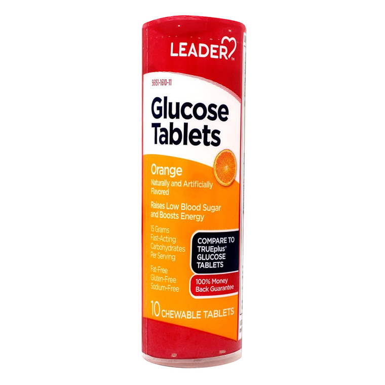 Leader Glucose Chewable Tablets Orange Flavor for Low Blood Sugar and Quick Energy 10Ea, Pack of 6