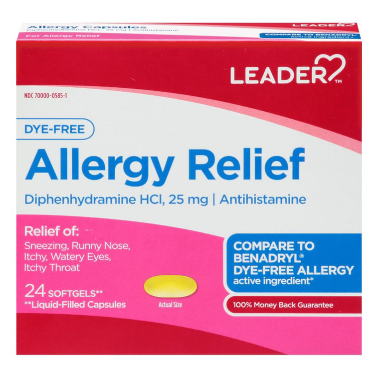 Leader Allergy Relief Diphenhydramine HCl 25mg Antihistamine Softgels 24Ea