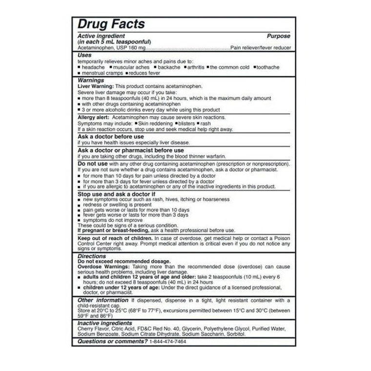Rising Pharma Acetaminophen Oral Solution 160mg 5mL Cherry Flavor for Pain Reliever and Fever Reducer 4Oz (118ml)