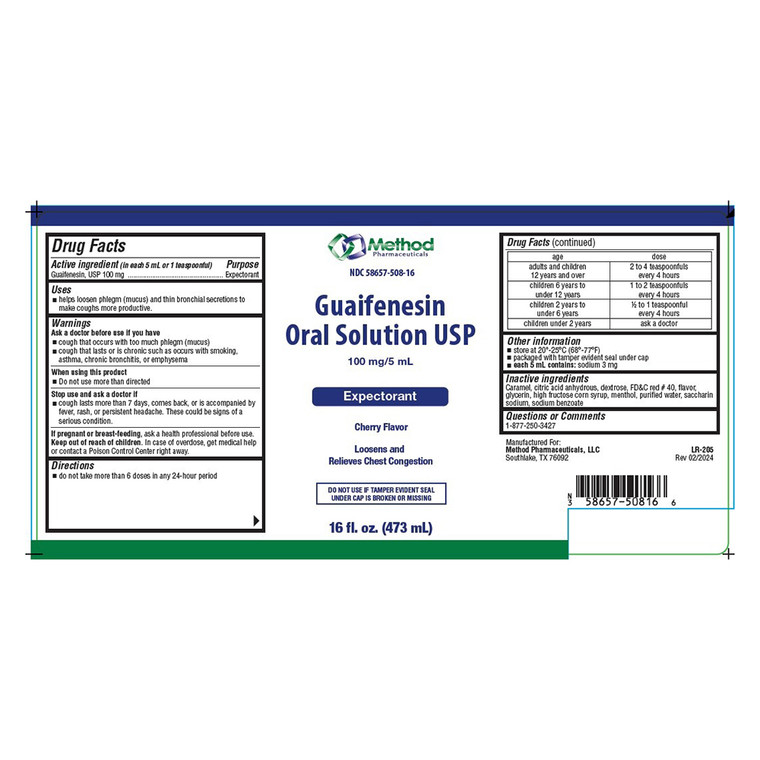 Method Pharma Guaifenesi Oral Solution USP Expectorant 100mg per 5ml Cherry Flavor Relieves Chest Congestion 16Oz (473ml)