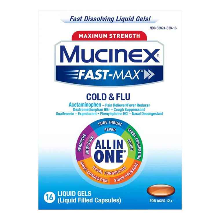 Mucinex Fast Max Maximum Strength Cold and Flu Relieves Chest Congestion Liquid Gels 16Ea