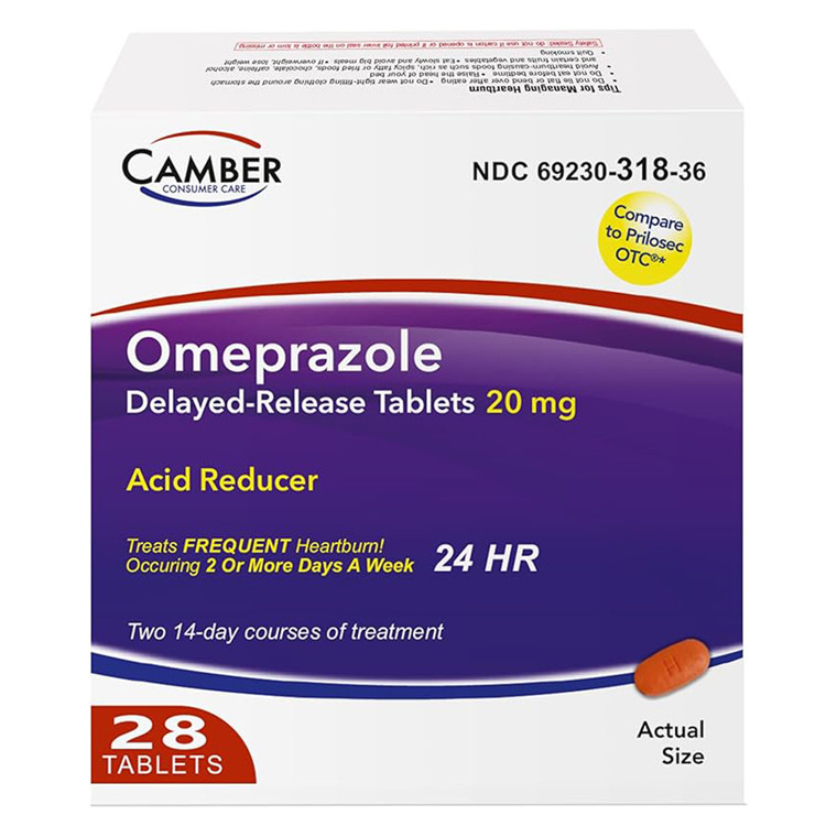 Camber Omeprazole 20mg Delayed Release Tablets Acid Reducer Support Heartburn Relief 28Ea