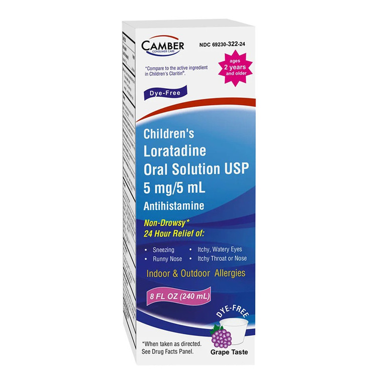 Camber Childrens Loratadine Liquid USP 5mg per 5ml Antihistamine Grape Flavor Non Drowsy Relief from Allergies 8Oz (240ml)