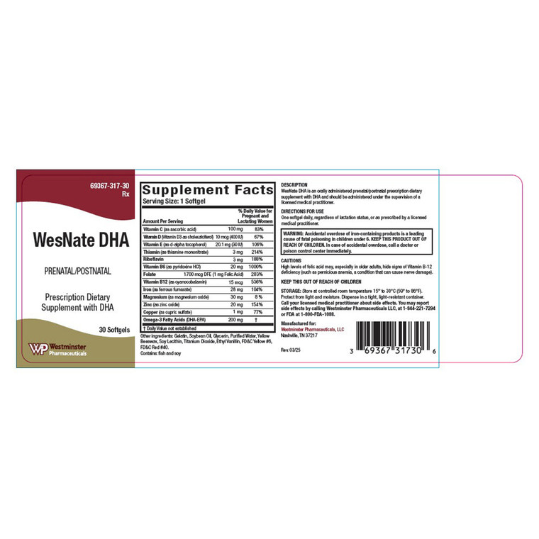 Westminster Pharma WesNate DHA Parental Postnatal Supplement Softgels to Provide Essential Vitamins and Minerals 30Ea