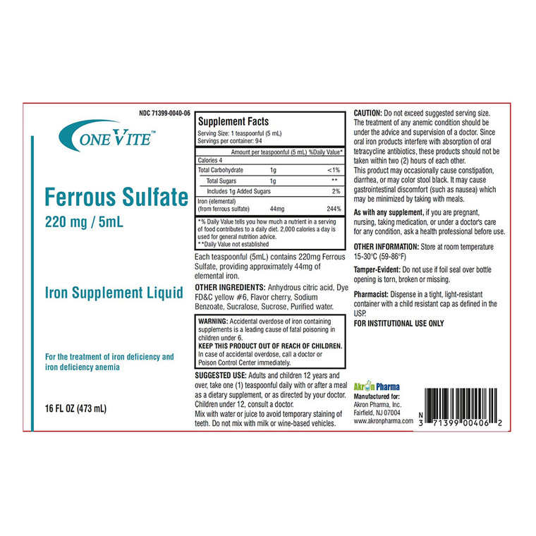 Akron Pharma Ferrous Sulfate 220mg per 5ml Iron Supplement Liquid Helps Restore Low Iron Levels 16Oz (473ml)