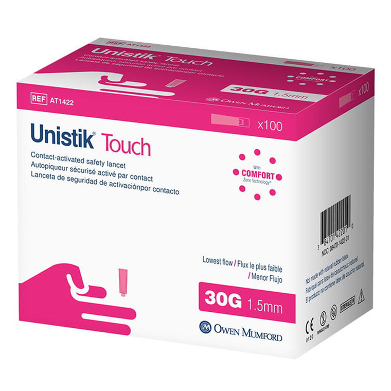 Owen Mumford Unistik Touch 30G 1.5mm Ultra Thin Features Comfort Zone Technology Lancets 100Ea