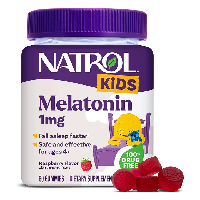 Natrol Kids Melatonin 1mg Raspberry Flavor Gummies Support Faster and Longer Sleep 60Ea