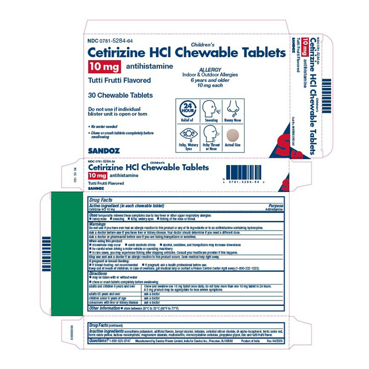Sandoz Childrens Cetirizine HCl 10 mg Antihistamine Chewable Tablets for Allergy Symptom Relief 30Ea