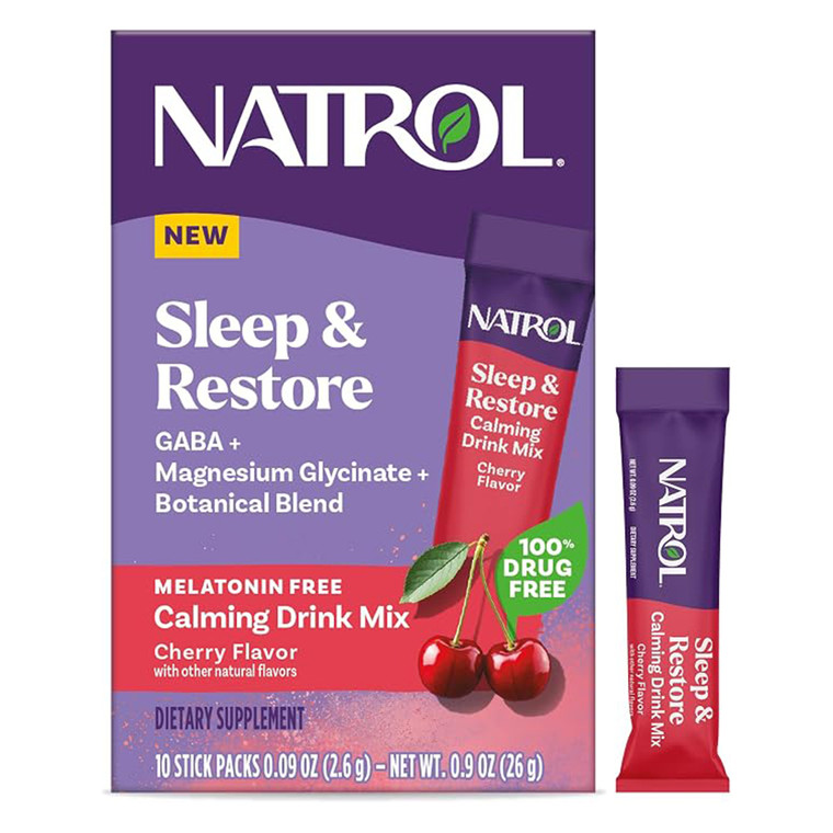 Natrol Sleep and Restore Melatonin Free Cherry Flavor Calming Drink Mix Stick Support Sleep Quality 10Ea