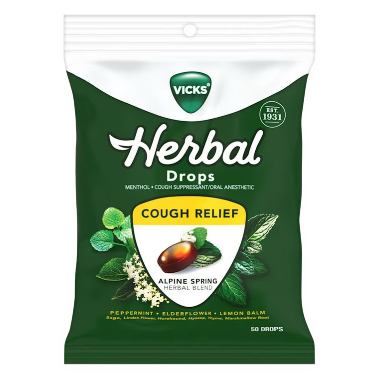 Vicks Herbal Cough Drops for Cough and Sore Throat Relief 50Ea