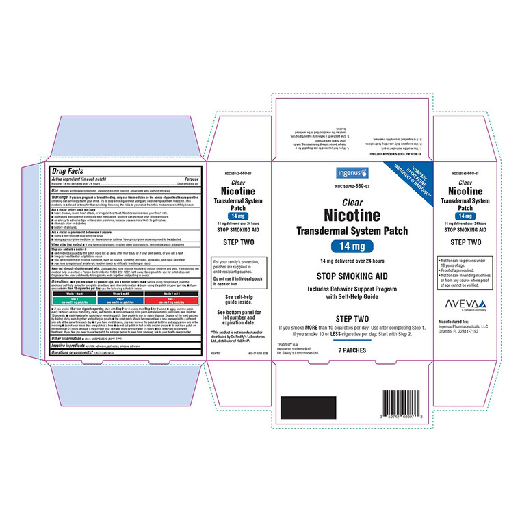 Ingenus Pharma Clear Nicotine Transdermal System Patch 14mg Stop Smoking Aid 7Ea