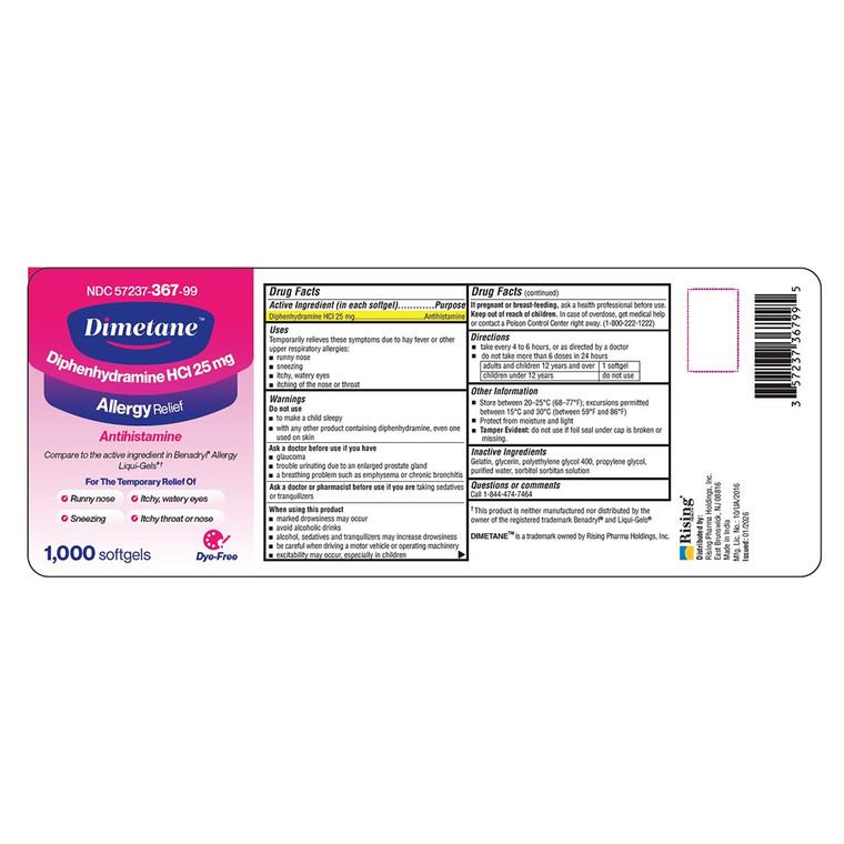 Rising Health Dimetane Diphenhydramine HCl 25mg Allergy Relief Liquid Softgels Relieves Runny Nose and Throat Itching 1000Ea