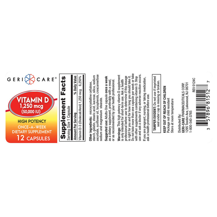 Geri Care Vitamin D 1250mcg High Potency Dietary Supplement Capsules Support Bone and Muscle Health 12Ea