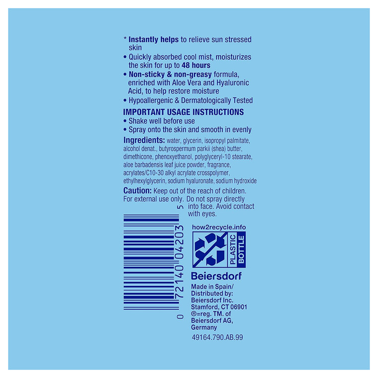 Coppertone After Sun Skin Care Soothing Cooling Mist Aloe Vera Hyaluronic Acid 6.7Oz (200ml)