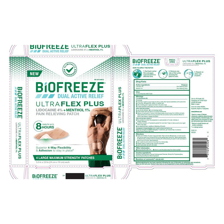 Biofreeze Ultra Flex Plus Lidocaine Plus Menthol Pain Relieving Patch Maximum Strength Large 4Ea